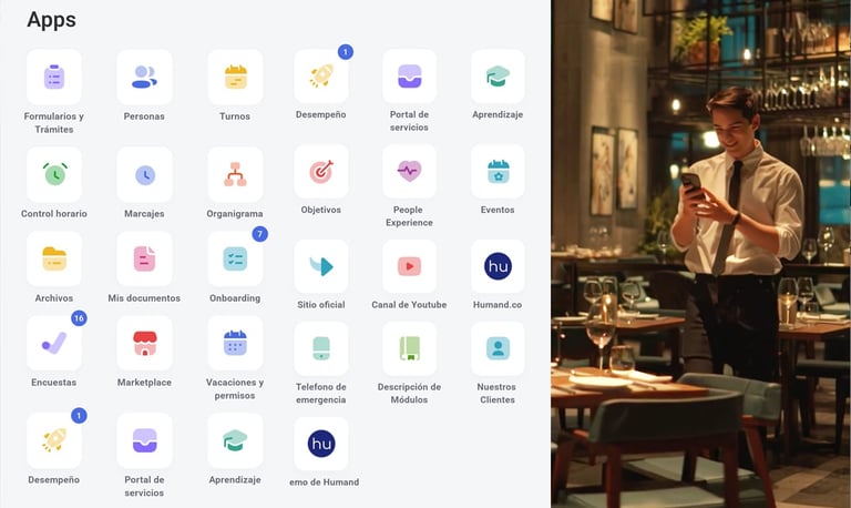 Mobile app interface grid showing various application icons including tools, social media, and utilities alongside a man in a bar checking his phone