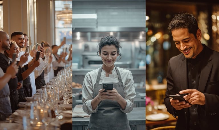 Three-panel image showing people using mobile devices in different settings: a party, a worker at checkout, and a man at night.